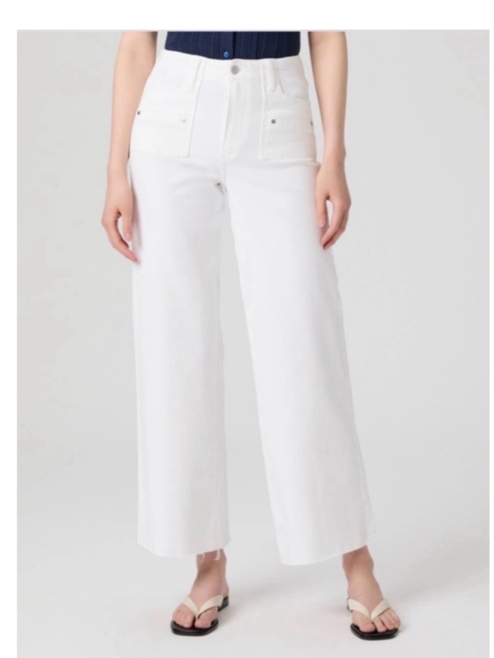 Paige Anessa 31" Wide Leg Jean, Crisp White, size 25, Raw Hem Patch Pocket